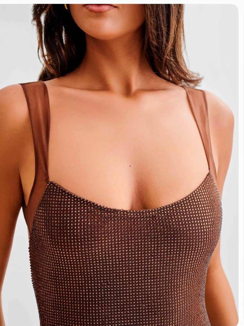 MESHKI JASMYN Hot Fix Mesh Back Maxi Dress Chocolate Brown Crystal Gown XL NWOT - Picture 4 of 5
